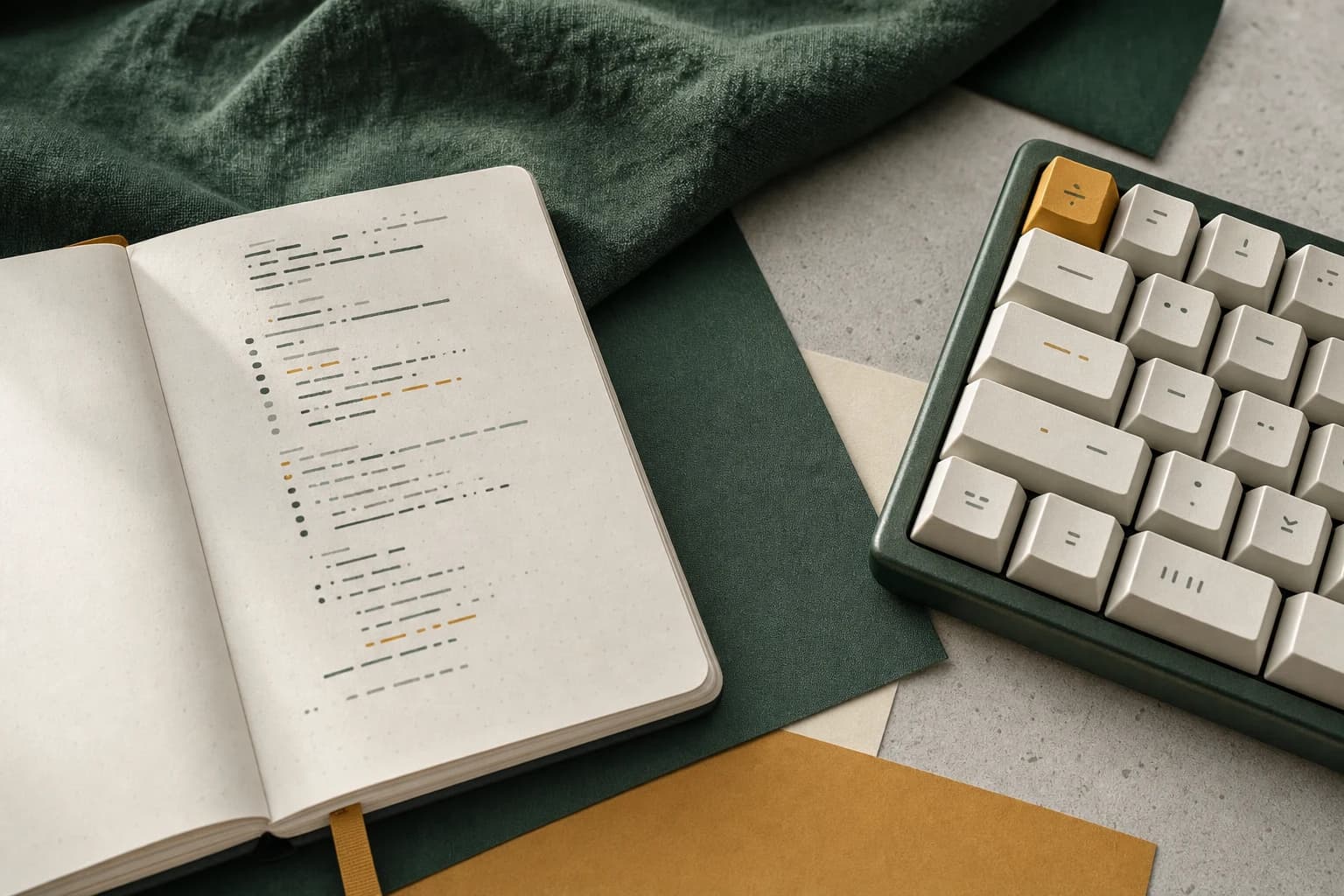 A notebook and keyboard in a quiet Go developer workspace.