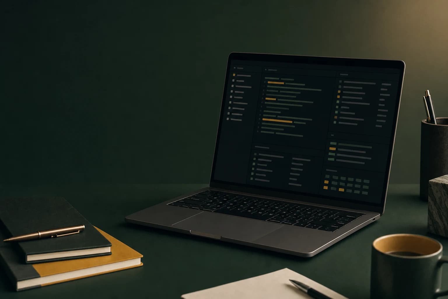 A laptop on a forest-green desk, representing a calm workspace for building Go services.